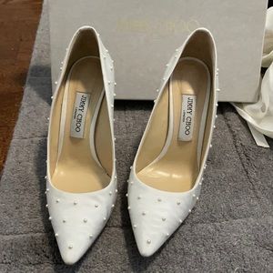 Jimmy Choo Romy Satin Point Toe Pumps- white size 39 (9) pearl shoes worn once!